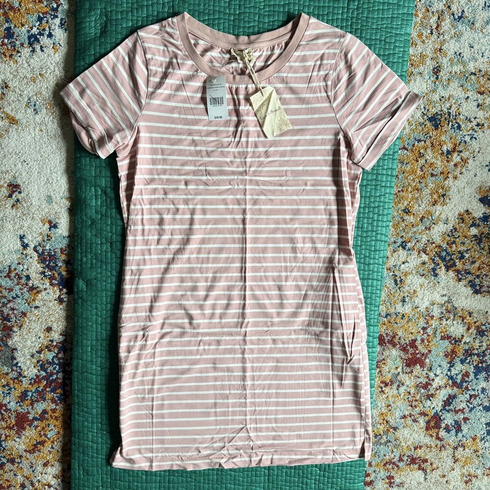 NEW Hem & Thread Pink White Stripe T-Shirt Dress S Rayon Spandex Minimalist NWT